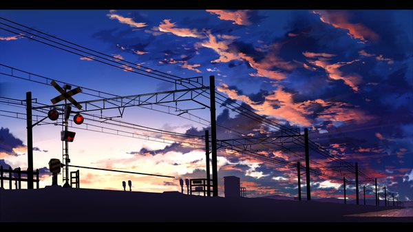 Anime picture 1920x1080 with original akizuki rito highres wide image sky cloud (clouds) sunlight no people railroad crossing power lines traffic sign railways railroad tracks