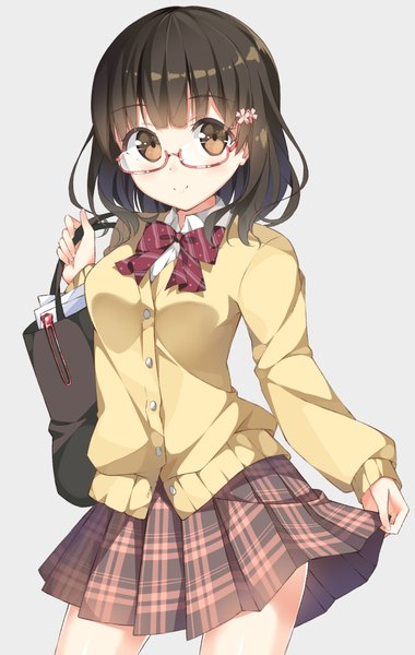 Anime picture 662x1044 with original taiyaki (astre) single long hair tall image looking at viewer blush simple background smile brown hair brown eyes pleated skirt grey background plaid skirt girl skirt hair ornament miniskirt glasses sweater