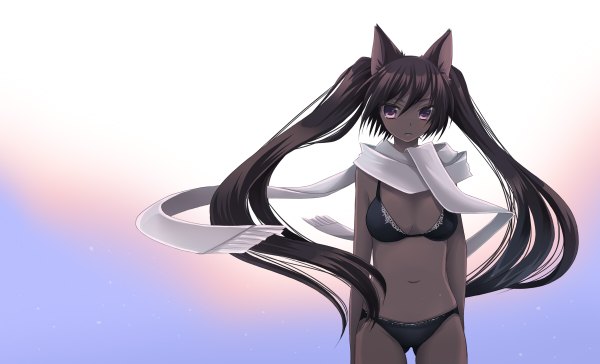 Anime picture 1200x728 with original sakurai unan (artist) single long hair black hair wide image twintails purple eyes animal ears cat ears dark skin girl navel swimsuit bikini scarf black bikini