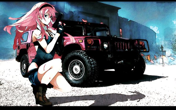 Anime picture 1920x1200 with vocaloid megurine luka long hair highres wide image green eyes pink hair shadow girl gloves weapon shorts boots hairband gun building (buildings) ground vehicle pistol car road