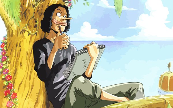 Anime picture 1280x800 with one piece toei animation usopp single short hair black hair smile wide image sitting holding looking away sky cloud (clouds) outdoors horizon thinking boy flower (flowers) plant (plants) tree (trees)