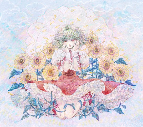 Anime picture 1554x1385 with touhou kazami yuuka takatora single short hair red eyes full body green hair traditional media girl flower (flowers) petals umbrella sunflower