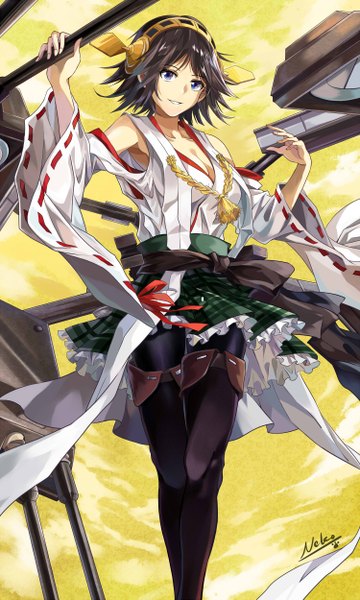 Anime picture 1500x2499 with kantai collection hiei battleship neko (yanshoujie) single tall image short hair black hair smile purple eyes traditional clothes miko nontraditional miko girl hair ornament weapon detached sleeves hairband