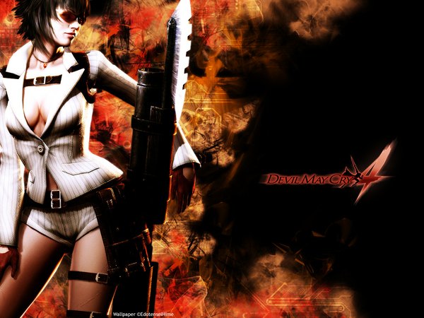 Anime picture 1024x768 with devil may cry lady (devil may cry) single short hair black hair realistic girl shorts gun pendant sunglasses huge weapon