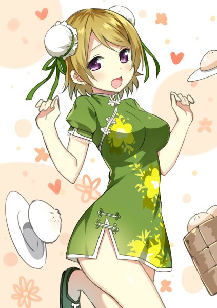 Anime picture 846x1200 with love live! school idol project sunrise (studio) love live! koizumi hanayo sky-freedom single tall image looking at viewer blush short hair open mouth brown hair bent knee (knees) hair bun (hair buns) chinese clothes girl flower (flowers) ribbon (ribbons) food heart