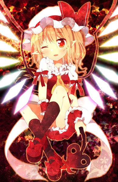 Anime picture 2267x3500 with touhou flandre scarlet abandon ranka single tall image looking at viewer blush highres short hair open mouth blonde hair ponytail pointy ears orange eyes crossed legs side ponytail girl weapon wings socks