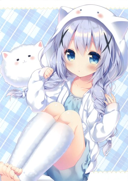 Anime picture 2343x3300 with gochuumon wa usagi desu ka? white fox kafuu chino tippy (gochiusa) riichu single long hair tall image looking at viewer blush highres blue eyes blue hair braid (braids) scan :o girl hood x hair ornament pajamas