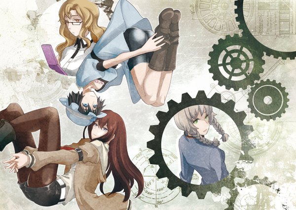 Anime picture 1600x1137 with steins;gate white fox makise kurisu shiina mayuri amane suzuha kiryuu moeka long hair short hair black hair blonde hair brown hair purple eyes multiple girls green eyes yellow eyes braid (braids) looking back twin braids group girl