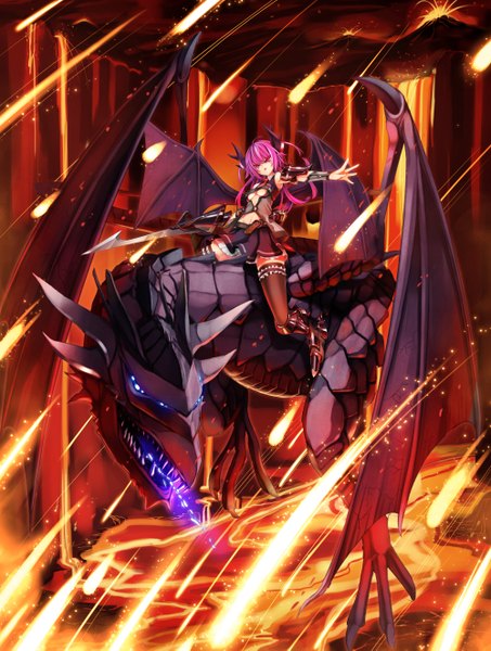 Anime picture 2000x2649 with original dobunezumi single long hair tall image highres red eyes pink hair horn (horns) demon girl girl thighhighs weapon black thighhighs sword wings armor fire dragon
