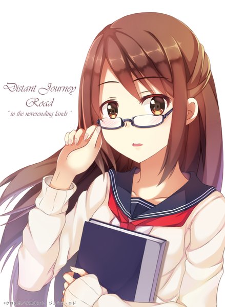 Anime picture 749x1024 with original hack waltz single long hair tall image looking at viewer open mouth brown hair white background brown eyes girl uniform glasses serafuku sweater