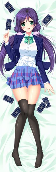Anime picture 500x1518 with love live! school idol project sunrise (studio) love live! toujou nozomi endori single long hair tall image looking at viewer blush open mouth twintails green eyes purple hair lying from above low twintails dakimakura (medium) girl thighhighs