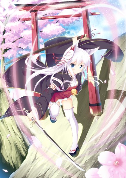 Anime picture 847x1200 with original misaki yuu (dstyle) single long hair tall image looking at viewer blue eyes animal ears white hair tail traditional clothes japanese clothes animal tail fox ears cherry blossoms fox tail fox girl miko mask on head girl