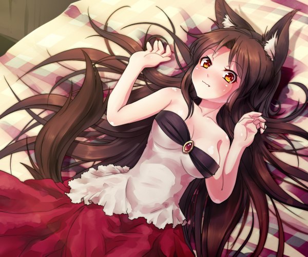 Anime picture 1200x1000 with touhou imaizumi kagerou volcano (liao) single long hair looking at viewer blush fringe breasts smile brown hair bare shoulders animal ears yellow eyes cleavage tail lying animal tail teeth fang (fangs)