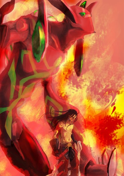 Anime picture 1240x1754 with shaman king xebec asakura hao spirit of fire koji (artist) long hair tall image brown hair topless red background boy gloves earrings belt fire