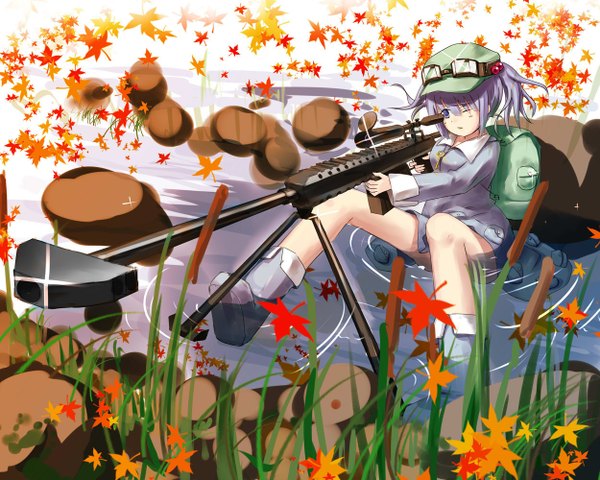 Anime picture 1250x1000 with touhou kawashiro nitori tsukumizu yuu single purple eyes looking away purple hair one eye closed sparkle two side up partially submerged river goggles on head girl weapon hat glasses gun leaf (leaves) goggles