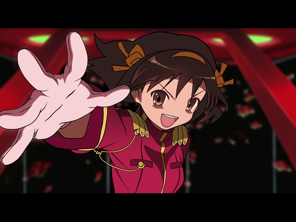 Anime picture 1600x1200 with suzumiya haruhi no yuutsu the day of sagittarius iii kyoto animation suzumiya haruhi single looking at viewer short hair open mouth brown hair brown eyes upper body :d wallpaper outstretched arm letterboxed vector space soldier girl gloves
