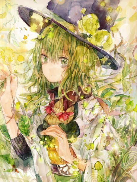 Anime picture 1200x1584 with original pppply single long hair tall image looking at viewer fringe smile green eyes green hair glow colorful girl flower (flowers) plant (plants) hat bracelet leaf (leaves)