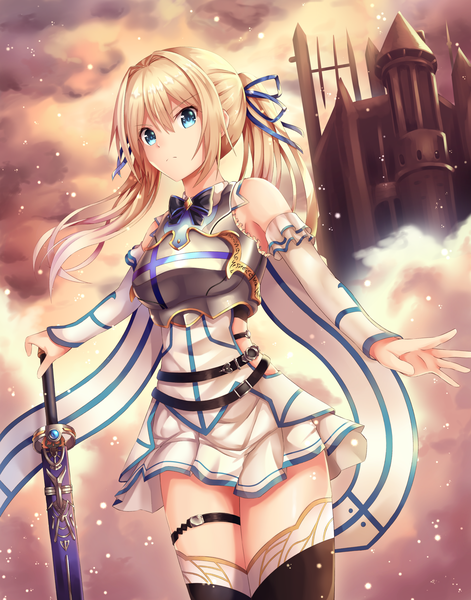 Anime picture 2800x3568 with original amagi korona single long hair tall image looking at viewer fringe highres blue eyes blonde hair hair between eyes standing twintails cloud (clouds) wind zettai ryouiki spread arms frown :c girl