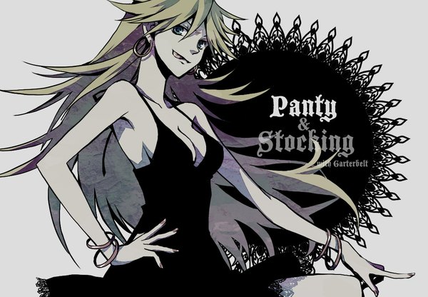 Anime picture 1100x763 with panty & stocking with garterbelt anarchy panty minaki (pixiv) single long hair blonde hair cleavage inscription girl dress earrings bracelet tongue black dress hoop earrings