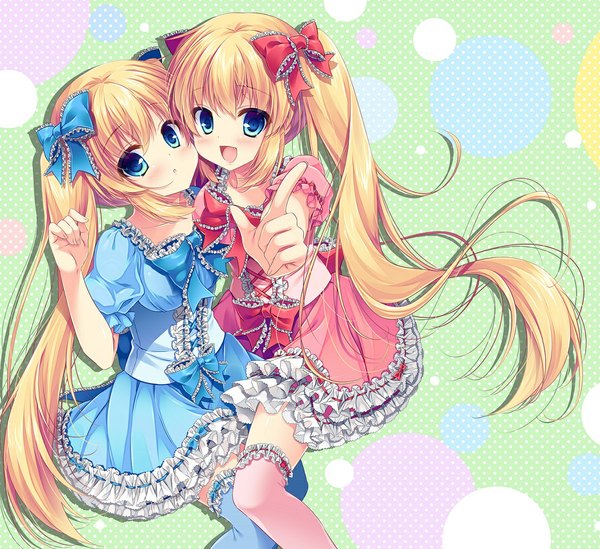 Anime picture 1183x1083 with original mizuki yuuma long hair looking at viewer blush fringe open mouth blue eyes blonde hair twintails multiple girls outstretched arm girl thighhighs dress bow 2 girls hair bow frills