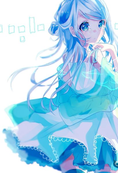 Anime picture 1023x1503 with original tyanotya chano hinano single long hair tall image looking at viewer fringe blue eyes simple background standing white background bare shoulders blue hair looking back wind sunlight tears crying girl