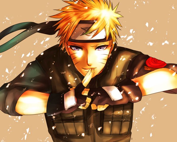 Anime picture 2000x1600 with naruto studio pierrot naruto (series) uzumaki naruto ojyun (artist) looking at viewer highres short hair blue eyes blonde hair smile facial mark whisker markings jinchuriki boy fingerless gloves vest bandana