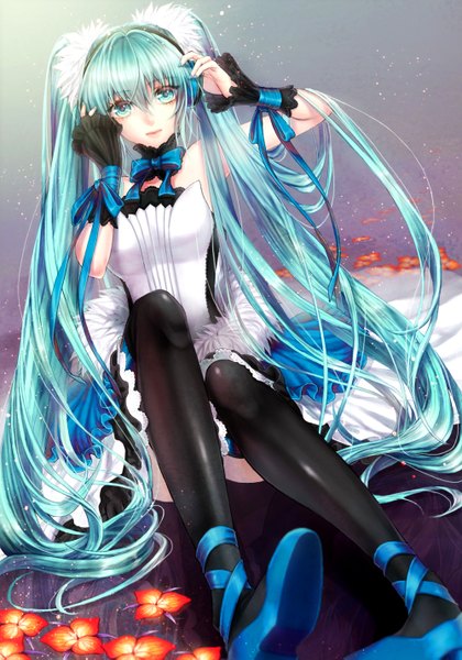 Anime picture 1000x1429 with vocaloid hatsune miku iria (yumeirokingyo) single tall image looking at viewer twintails very long hair aqua eyes aqua hair girl thighhighs dress flower (flowers) black thighhighs frills
