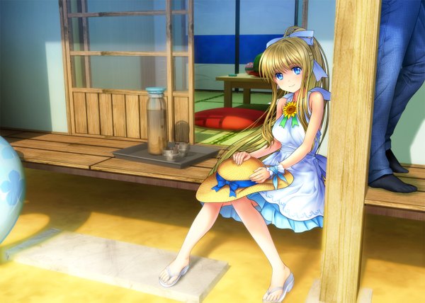 Anime picture 1600x1143 with air key (studio) kamio misuzu mutsuki (moonknives) long hair looking at viewer blue eyes blonde hair sitting ponytail solo focus knees together feet apart girl boy ribbon (ribbons) hair ribbon hat sundress sandals sliding doors