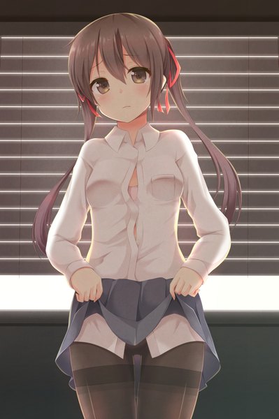 Anime picture 1409x2119 with original aibumi single long hair tall image looking at viewer blush fringe light erotic brown hair standing twintails holding brown eyes pleated skirt embarrassed thigh gap skirt lift girl skirt