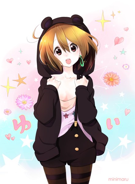 Anime picture 1100x1500 with k-on! kyoto animation hirasawa yui minimaru (artist) single tall image looking at viewer short hair open mouth light erotic brown hair brown eyes girl flower (flowers) earrings