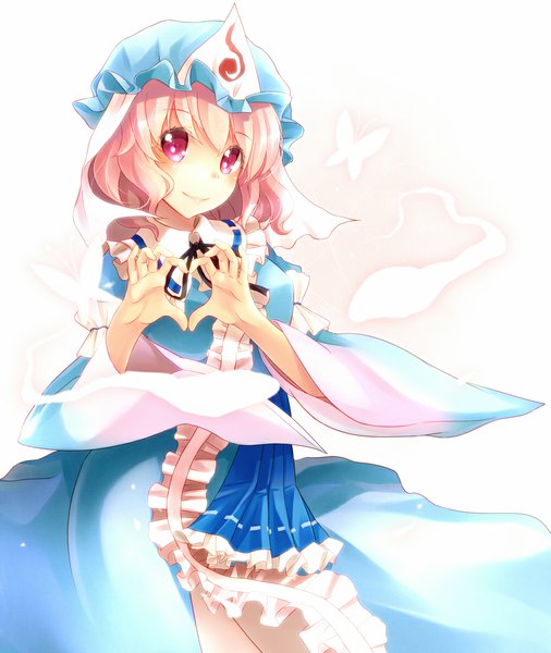 Anime picture 1000x1186 with touhou saigyouji yuyuko towelnyan (artist) single tall image blush short hair simple background smile red eyes pink hair girl frills insect butterfly bonnet