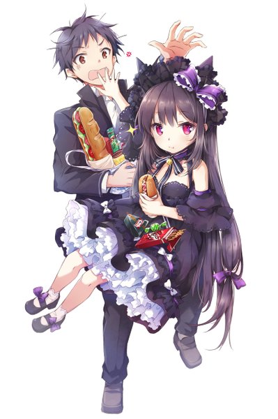 Anime picture 838x1259 with original nyanya long hair tall image looking at viewer short hair open mouth black hair simple background white background purple eyes brown eyes animal ears loli girl dress boy bow hair bow food