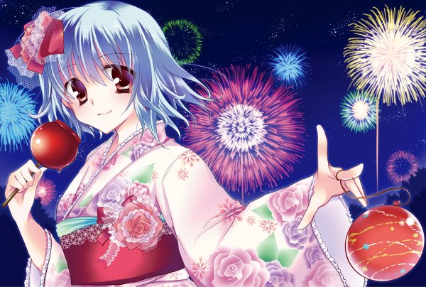 Anime picture 1200x809 with touhou remilia scarlet morita gurutamin single looking at viewer short hair red eyes blue hair traditional clothes japanese clothes fireworks festival girl food kimono candy apple water yoyo