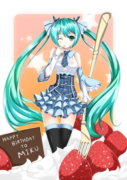 Anime picture 1000x1414 with vocaloid hatsune miku fatkewell single tall image blush twintails very long hair one eye closed aqua eyes wink aqua hair inscription thigh gap border finger to mouth happy birthday girl thighhighs dress
