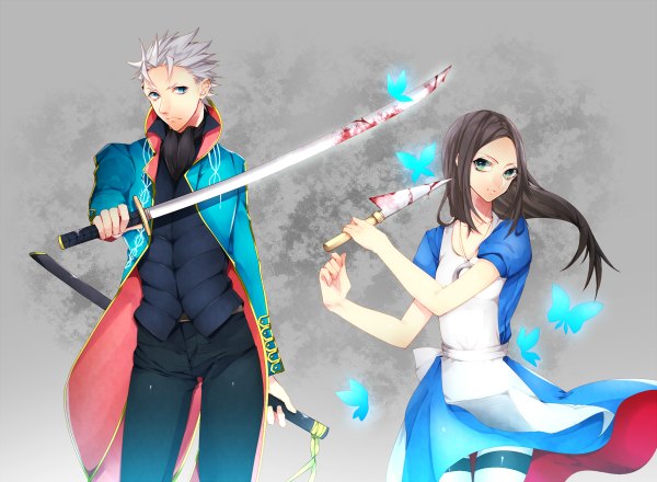 Anime picture 1200x880 with devil may cry american mcgee's alice (game) alice: madness returns alice (american mcgee's) vergil haine long hair short hair blue eyes simple background brown hair holding green eyes looking away silver hair grey background open clothes open jacket grey eyes couple