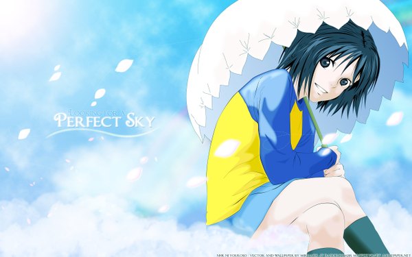 Anime picture 2560x1600 with nhk ni youkoso gonzo nakahara misaki highres wide image blue background raglan sleeves girl umbrella
