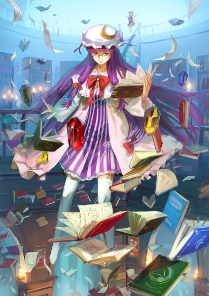 Anime picture 1000x1414 with touhou flandre scarlet remilia scarlet patchouli knowledge koakuma november (jeanex) tall image fringe short hair blonde hair purple eyes multiple girls holding purple hair indoors horn (horns) magic flying girl thighhighs