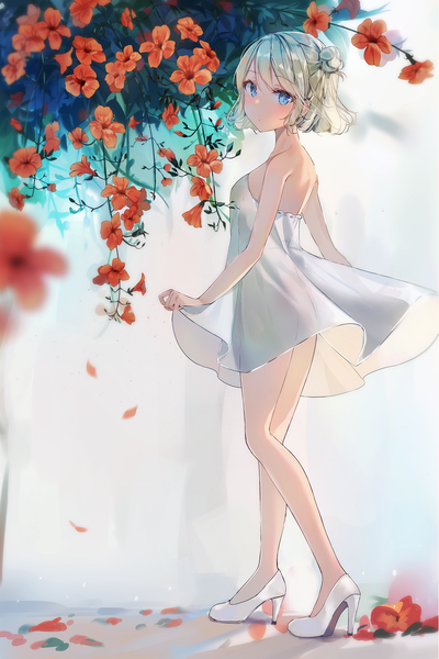 Anime picture 873x1308 with original sabet (young ouo) single tall image looking at viewer blush short hair blue eyes blonde hair bare shoulders full body looking back hair bun (hair buns) high heels see-through silhouette girl dress flower (flowers) petals white dress