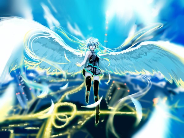 Anime picture 2048x1536 with vocaloid hatsune miku wsxmax single looking at viewer fringe highres twintails sky cloud (clouds) very long hair pleated skirt aqua eyes lips aqua hair flying white wings girl skirt uniform