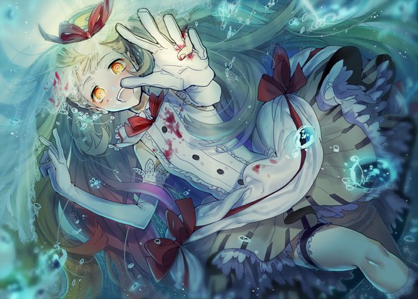 Anime picture 1000x717 with vocaloid mayu (vocaloid) inseki tarou single long hair looking at viewer blush fringe open mouth blonde hair orange eyes outstretched arm underwater girl gloves elbow gloves white gloves blood bubble (bubbles)