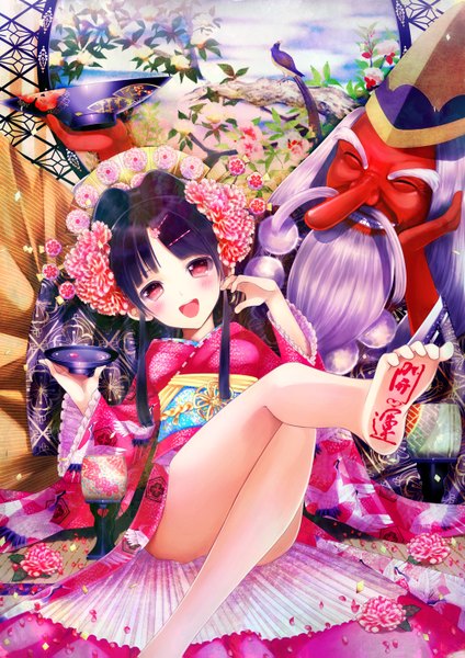 Anime picture 1000x1415 with original yuuki rika long hair tall image looking at viewer blush open mouth black hair red eyes traditional clothes japanese clothes barefoot legs girl flower (flowers) animal petals kimono bird (birds) obi