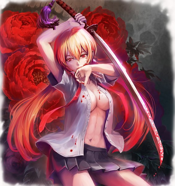 Anime picture 942x1000 with original iceojin single long hair tall image breasts light erotic blonde hair red eyes twintails open clothes open shirt girl skirt flower (flowers) weapon shirt sword katana blood