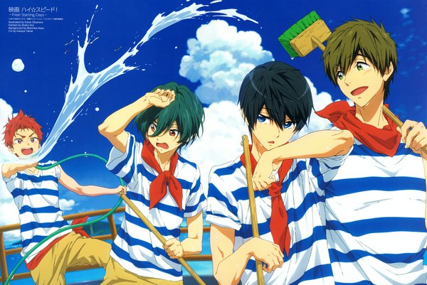 Anime picture 4000x2678 with free! high speed! kyoto animation nanase haruka (free!) tachibana makoto kirishima ikuya shiina asahi okamura kouhei fringe highres short hair open mouth blue eyes black hair hair between eyes red eyes brown hair green eyes looking away absurdres