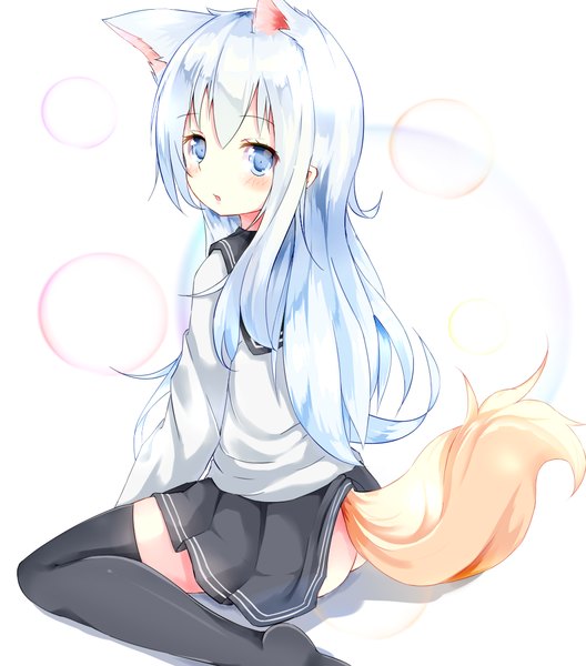 Anime picture 968x1100 with kantai collection hibiki destroyer hamaru (s5625t) single long hair tall image looking at viewer blush fringe blue eyes light erotic simple background white background sitting animal ears bent knee (knees) ass white hair tail parted lips