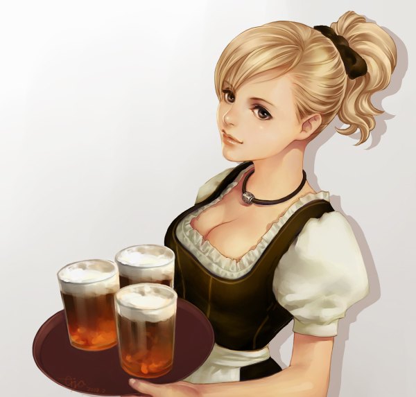 Anime picture 1200x1146 with original risu (pixiv 3712796) single simple background blonde hair cleavage ponytail tail traditional clothes black eyes realistic grey background waitress german clothes girl drink alcohol glass tray beer