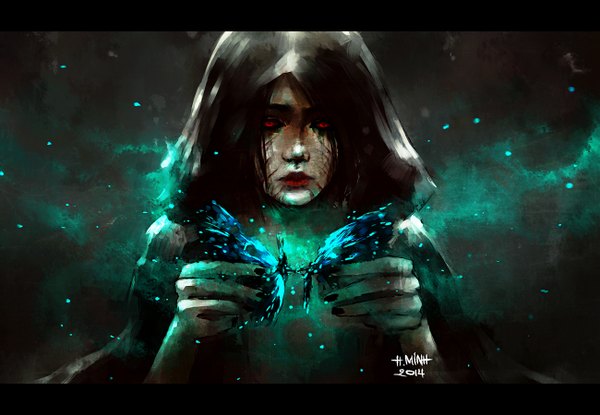 Anime picture 1300x900 with original nanfe single black hair red eyes holding signed nail polish fingernails lips glowing dark background letterboxed glowing eye (eyes) glow girl hood hoodie