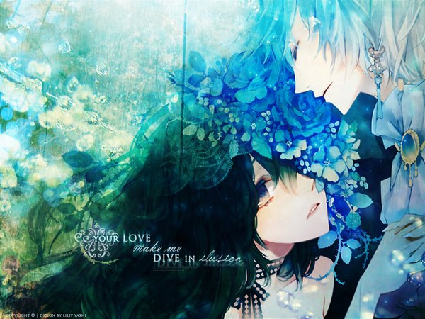 Anime picture 1600x1200 with original kuroyuki long hair short hair black hair blonde hair eyes closed hair flower couple holding hands girl boy hair ornament flower (flowers) bow jewelry