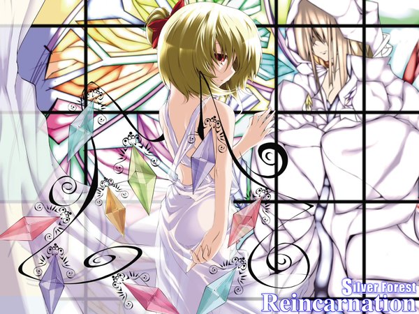 Anime picture 1600x1200 with touhou flandre scarlet short hair blonde hair red eyes from behind back girl bow hair bow wings window hood stained glass