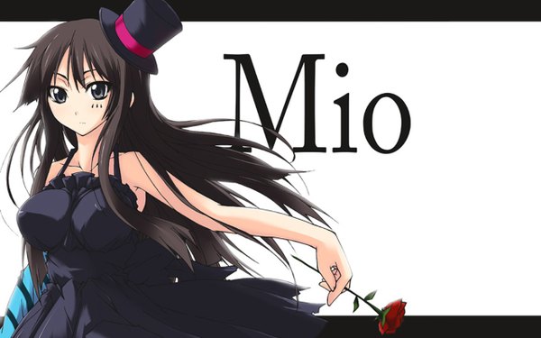Anime picture 1280x800 with k-on! kyoto animation akiyama mio hazuki haru single long hair breasts black hair simple background wide image large breasts white background looking away black eyes character names letterboxed don't say "lazy" girl dress flower (flowers)