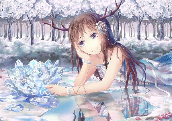 Anime picture 2046x1446 with original ruurin-chan (artist) single long hair highres smile brown hair purple eyes bare shoulders looking away horn (horns) sleeveless reflection winter snow lake girl dress hair ornament flower (flowers)